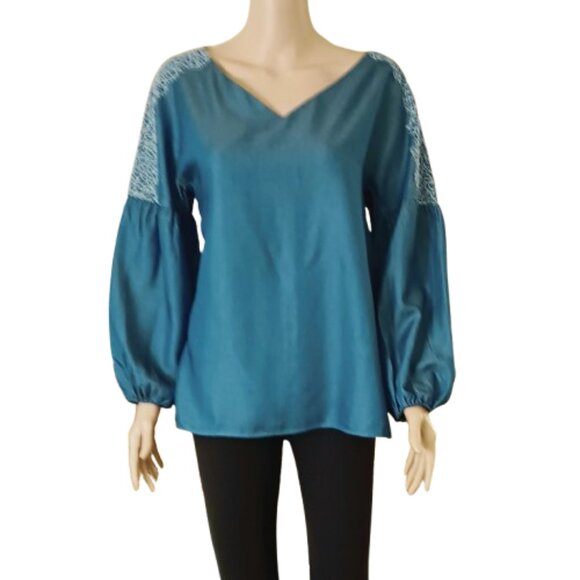 Massimo Dutti Blue Embroidered Top 8 V Neck Peasant Blouse - Picture 4 of 8